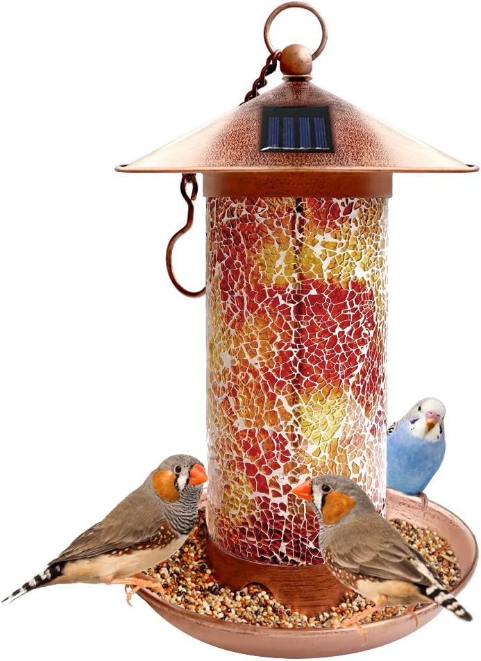 Solar Bird Feeders for Outdoor Hanging， Premium Metal Hummingbird feeders， Waterproof Wild Bird Feeder with Light for Feeding， Unique Retro Bird Feeders for Bird Lovers (Mosaic Copper)