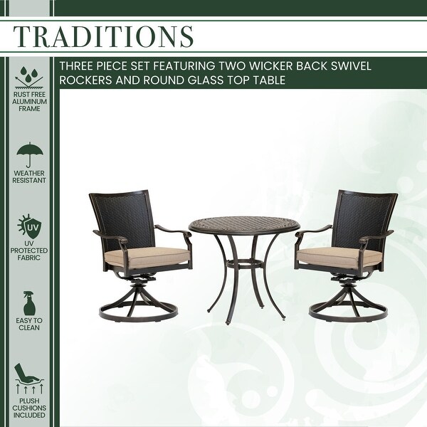 Hanover Traditions 3Piece Dining Set with 2 Wicker Back Swivel Rockers and 30 in. Round GlassTop Table