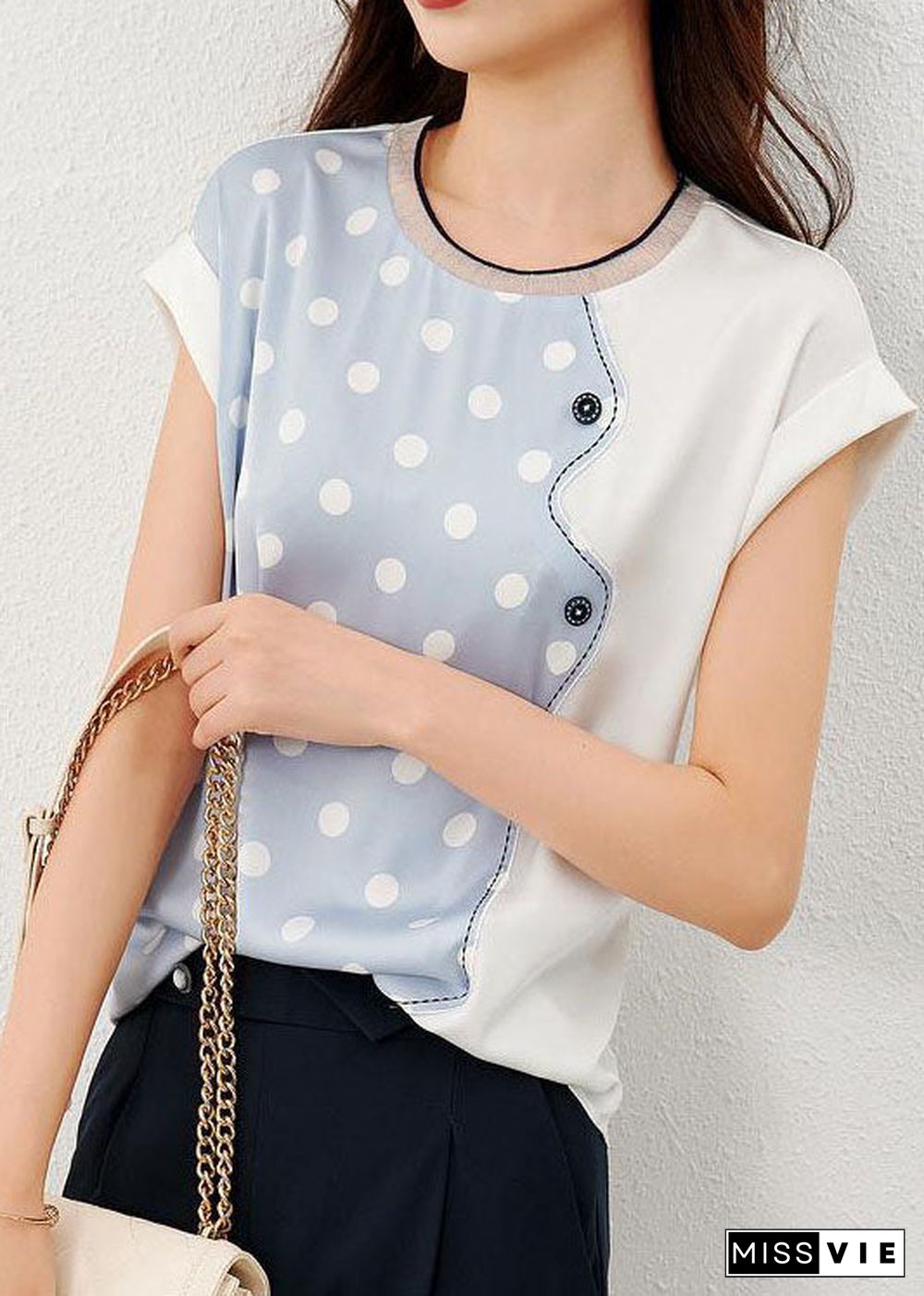 Blue Patchwork Print Dot Silk T Shirt O Neck Summer