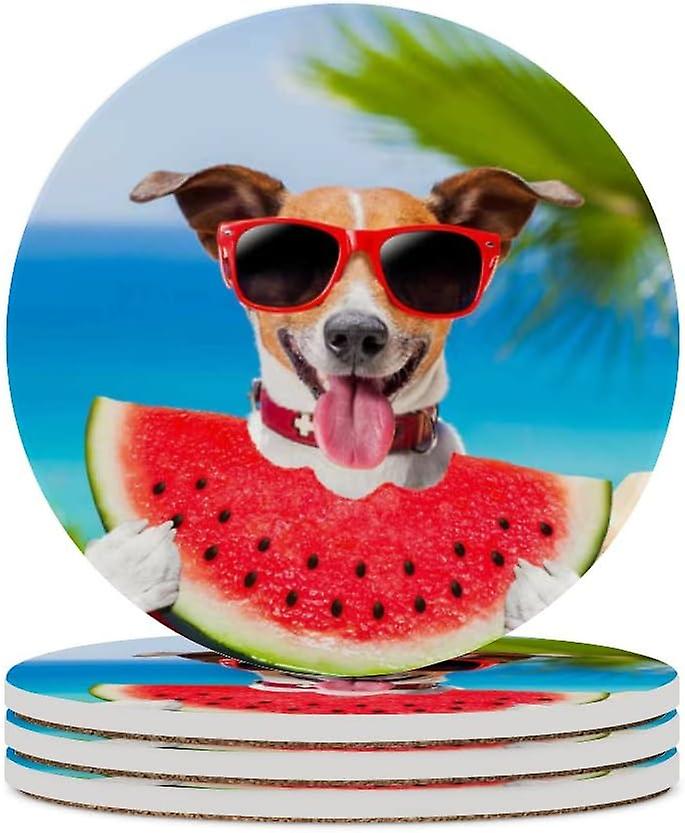 4pcs Round Jack Russell Dog Eating A Fresh Watermelon Ceramic Coasters With Cork-backed For Coffee Drink Cup Mat Absorbent Stone Coasters