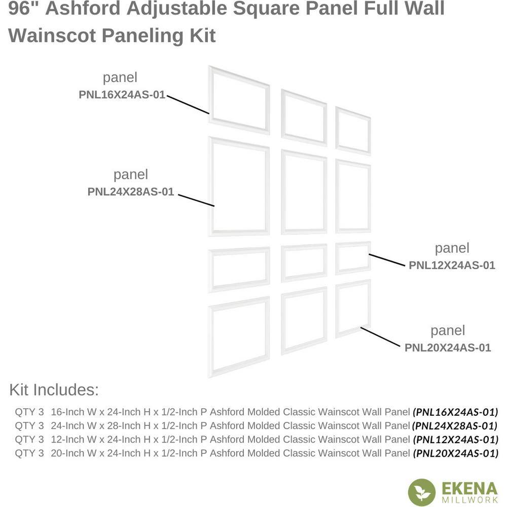 Ekena Millwork 94-12 in. Adjustable 94 12 in. to 120 in. Ashford Square Panel Full Wall Wainscot Paneling Kit WPKUFW014P096