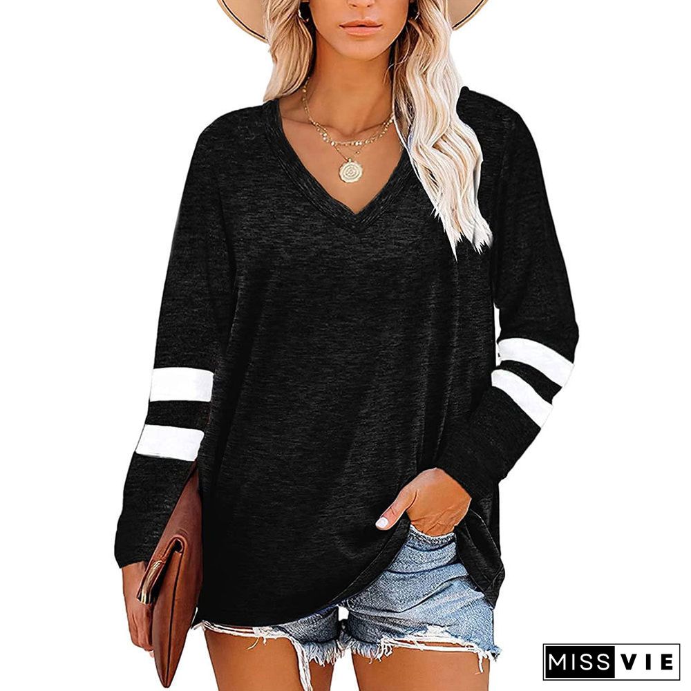 Women's Color V-neck Striped Stitching Long-sleeved Loose Blouses