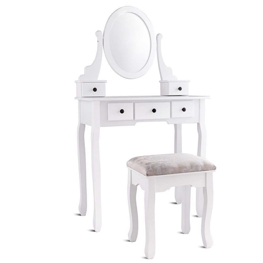 Costway Makeup Desk Vanity Dressing Table Oval Stool 5 Storage Drawers