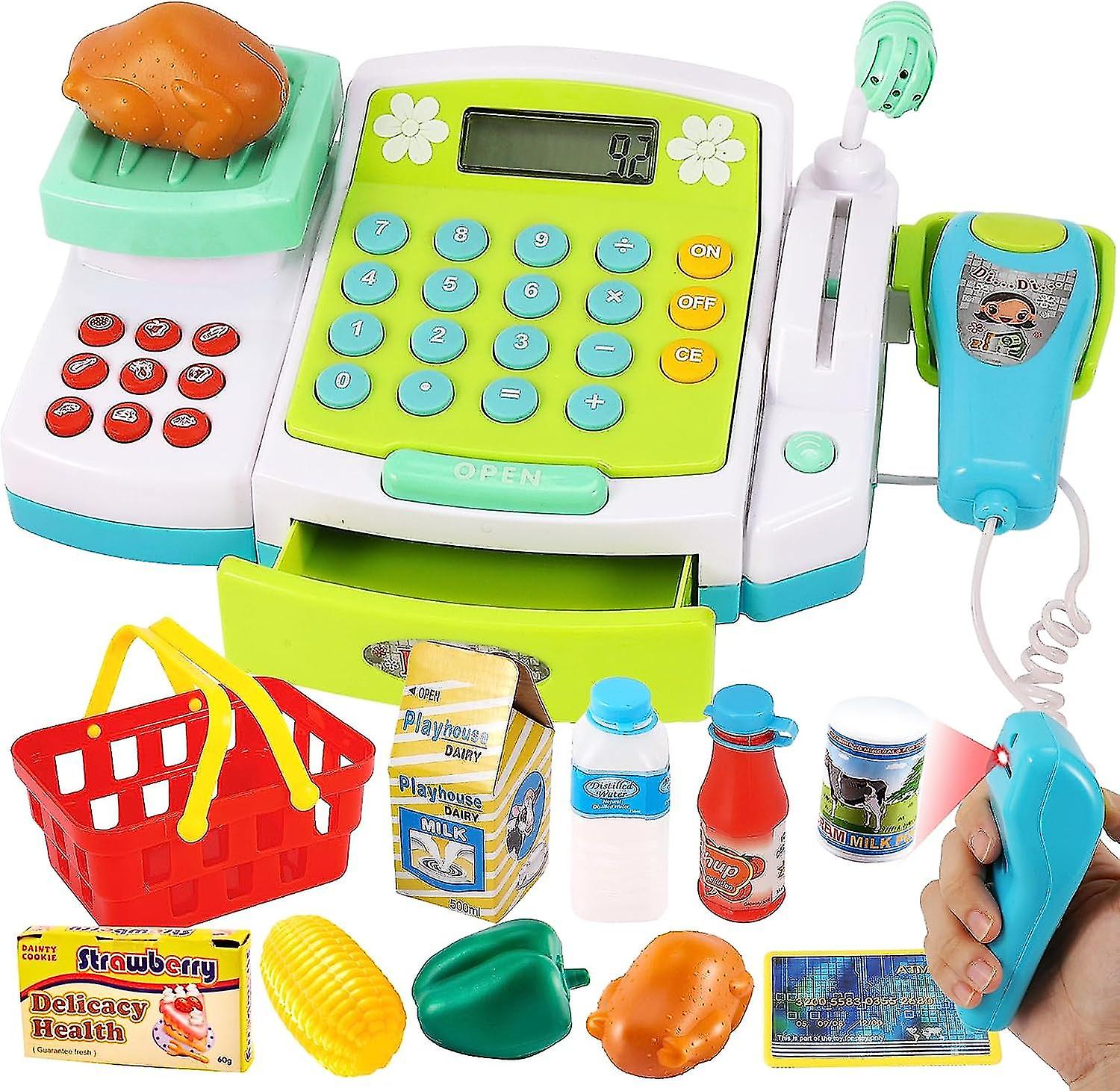 Kids Toy Till Cash Register With Microphone， Scanner， Calculator， Play Money， Pretend Role Play Food Toys， For Boys Girls 3+