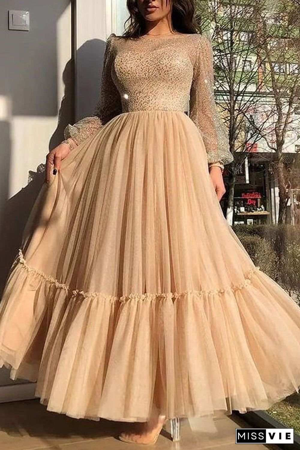 Champagne A-Line Long Sleeve Prom Gown Evening Dress