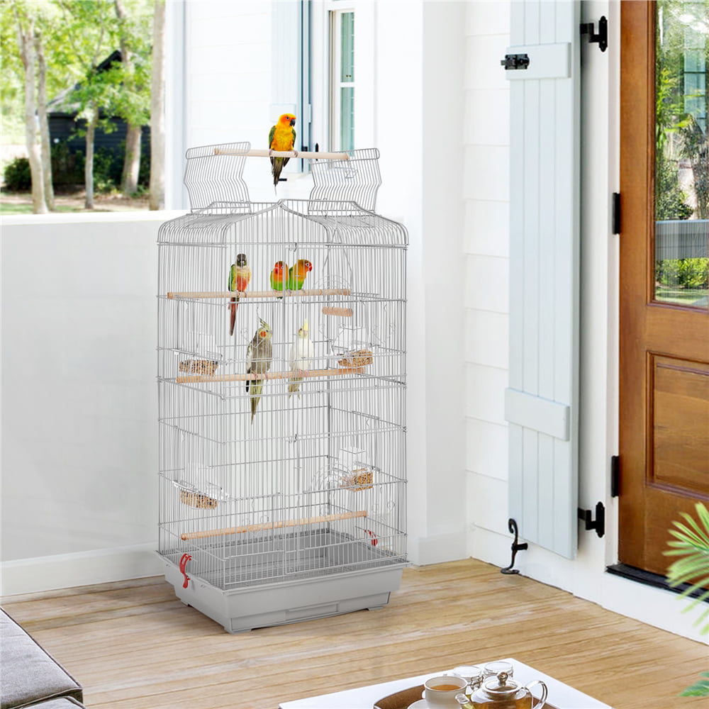 Yaheetech 41''H Open Top Metal Bird Cage Large Parrot Cage with Double Door Design Slide-out Tray Four Feeders， Light Gray