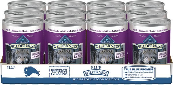 Blue Buffalo Wilderness Beef and Chicken Grill with Oats and Barley Adult Wet Dog Food， 12.5-oz， case of 12