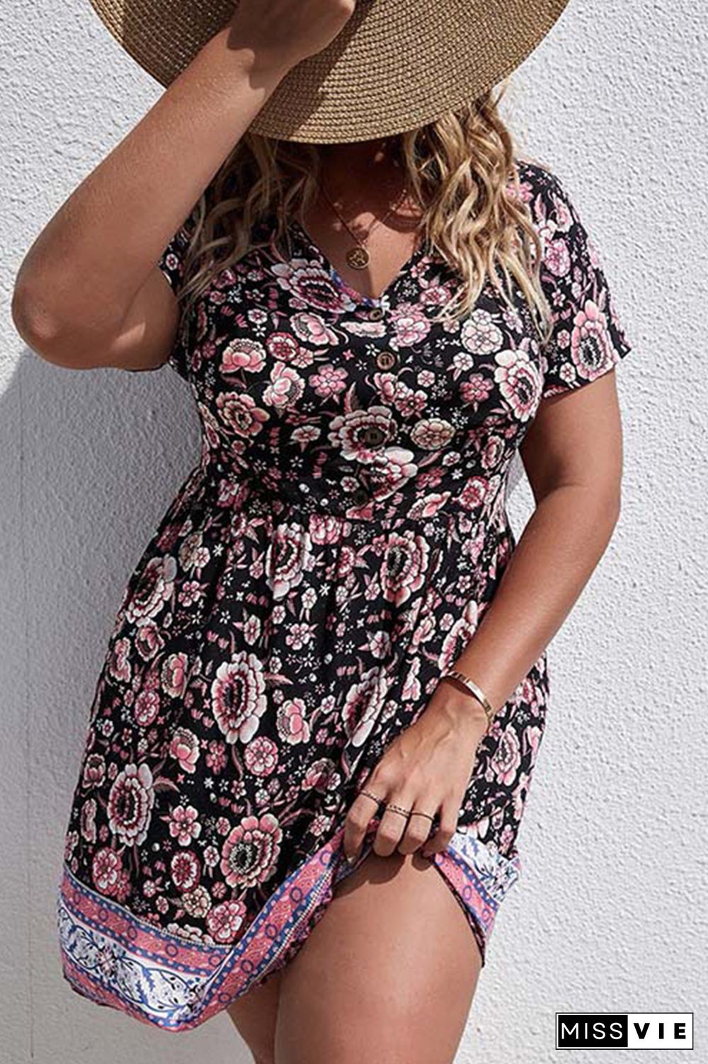 Button Down Floral Print Short Sleeves Plus Size Dress