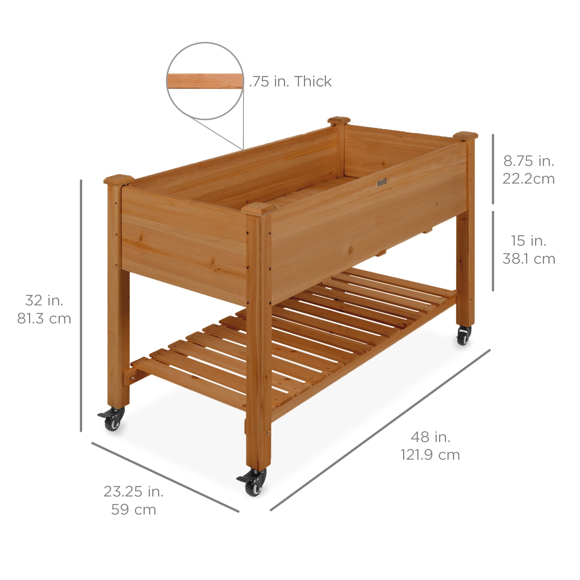 Best Choice Products Raised Garden Bed 48x24x32in Wood Mobile Elevated Planter w/ Wheel Locks, Shelf, Liner - Acorn Brown