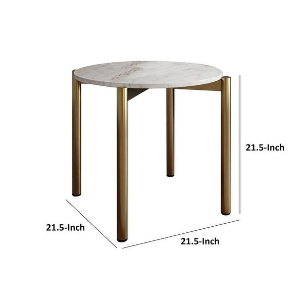 Cid Arlo 22 Inch Modern End Table， Marble Top， Metal Legs， White， Gold