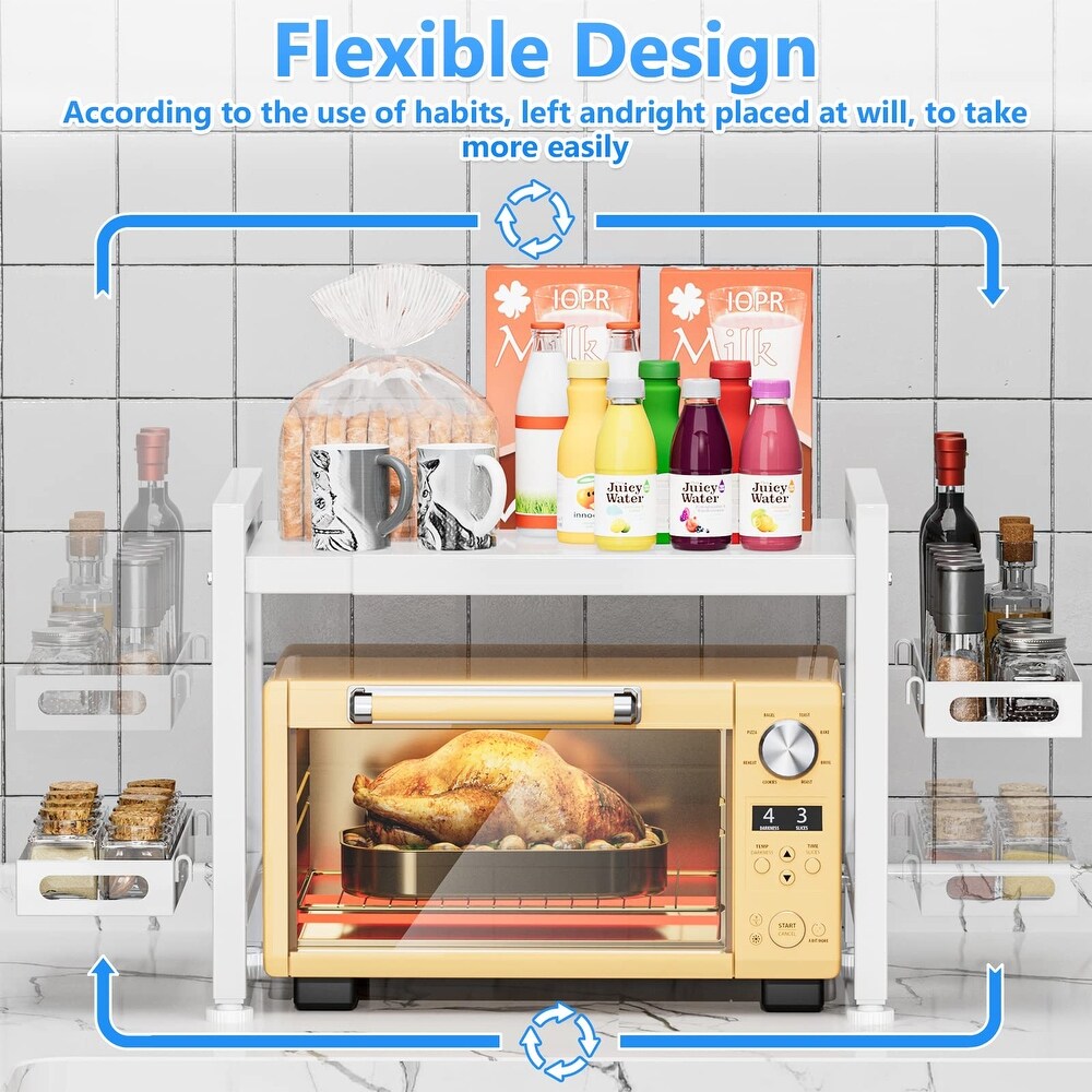 Over the Microwave Shelf   Adjustable Countertop Microwave Stand 2 Tier Microwave Rack with Spice Organizer and 6 Hooks