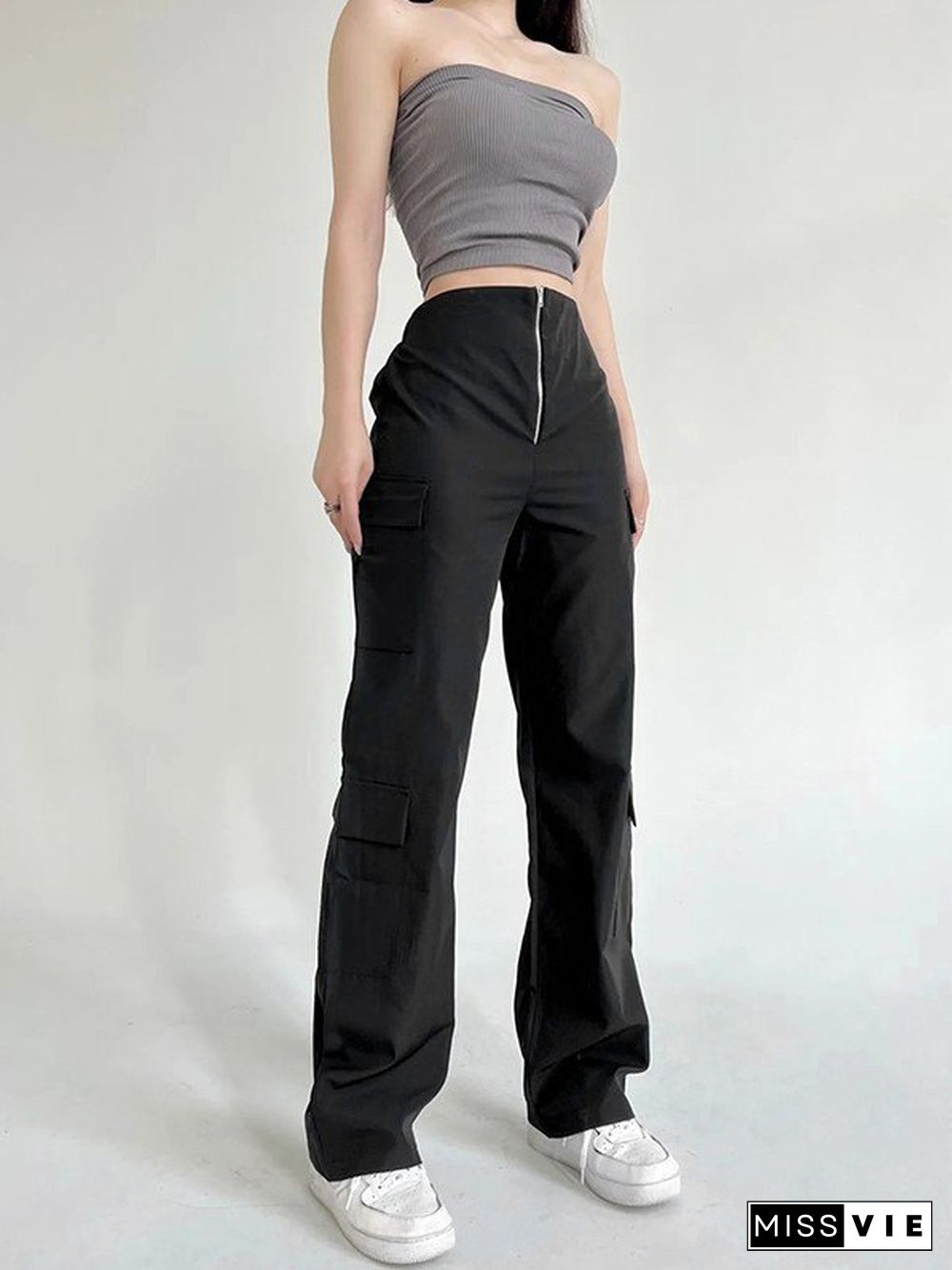 Front Zip Black Cargo Pants