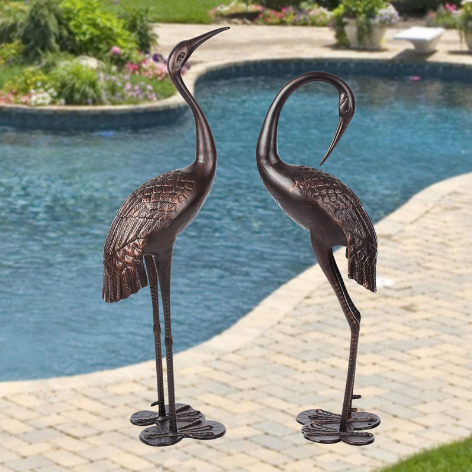 HGC Antique Bronze Garden Crane Statue - Set of 2