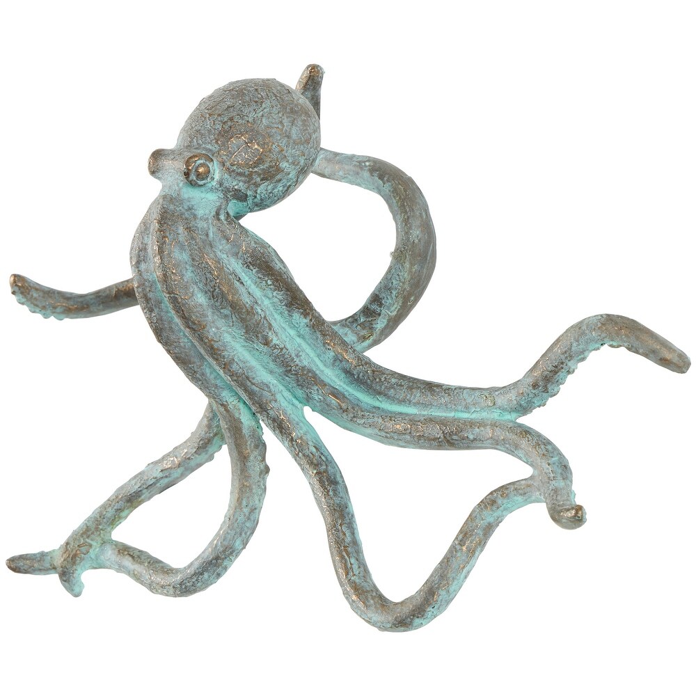 Blue Polystone Distressed Patina Octopus Sculpture with Gold Foil Accents