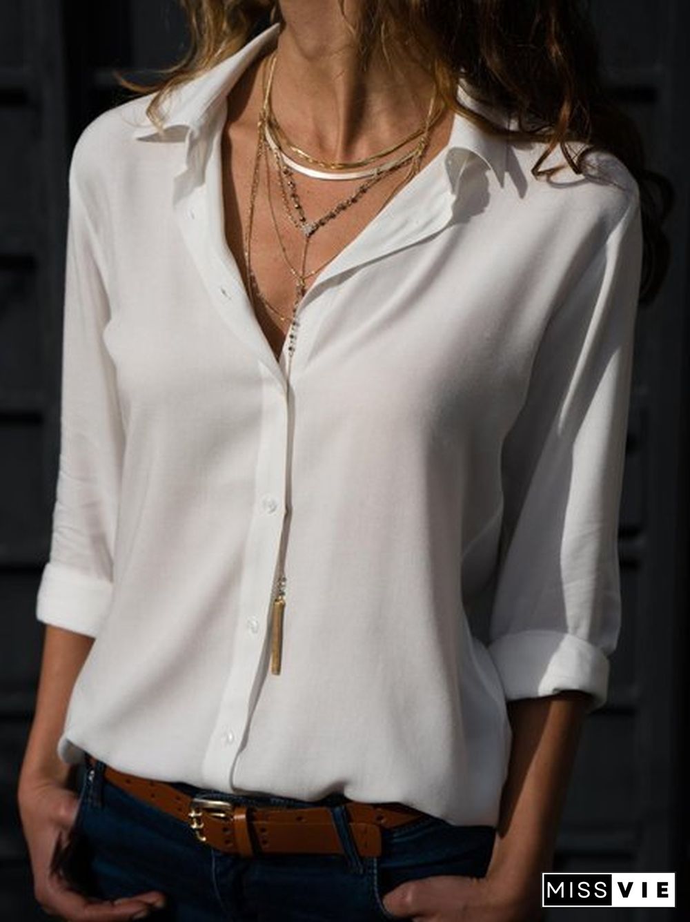 Woman Casual Buttoned Long Sleeve Solid V-Neck Blouse