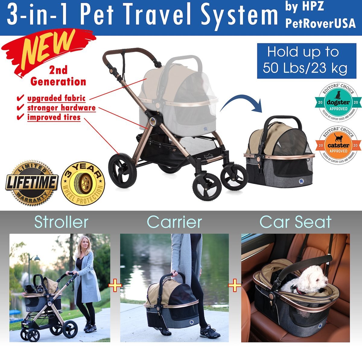 HPZ Pet Rover Luxury Carrier， Car Seat and Pet Stroller