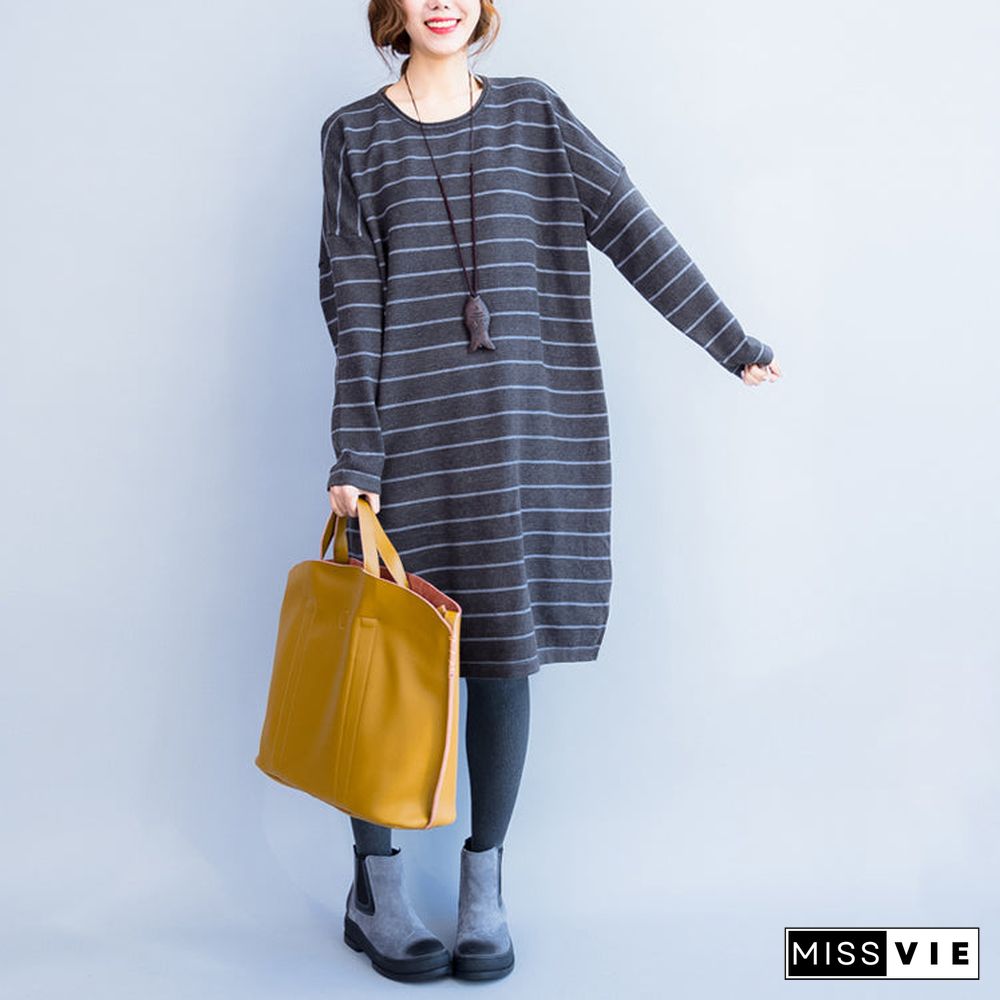 autumn gray casual knit dresses plus size striped sweater dress