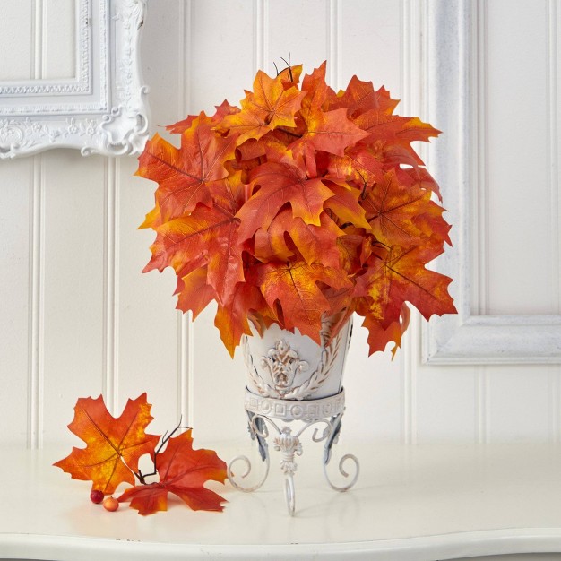 Nearly Natural 20-in Autumn Maple Leaf Artificial Plant In Metal Planter