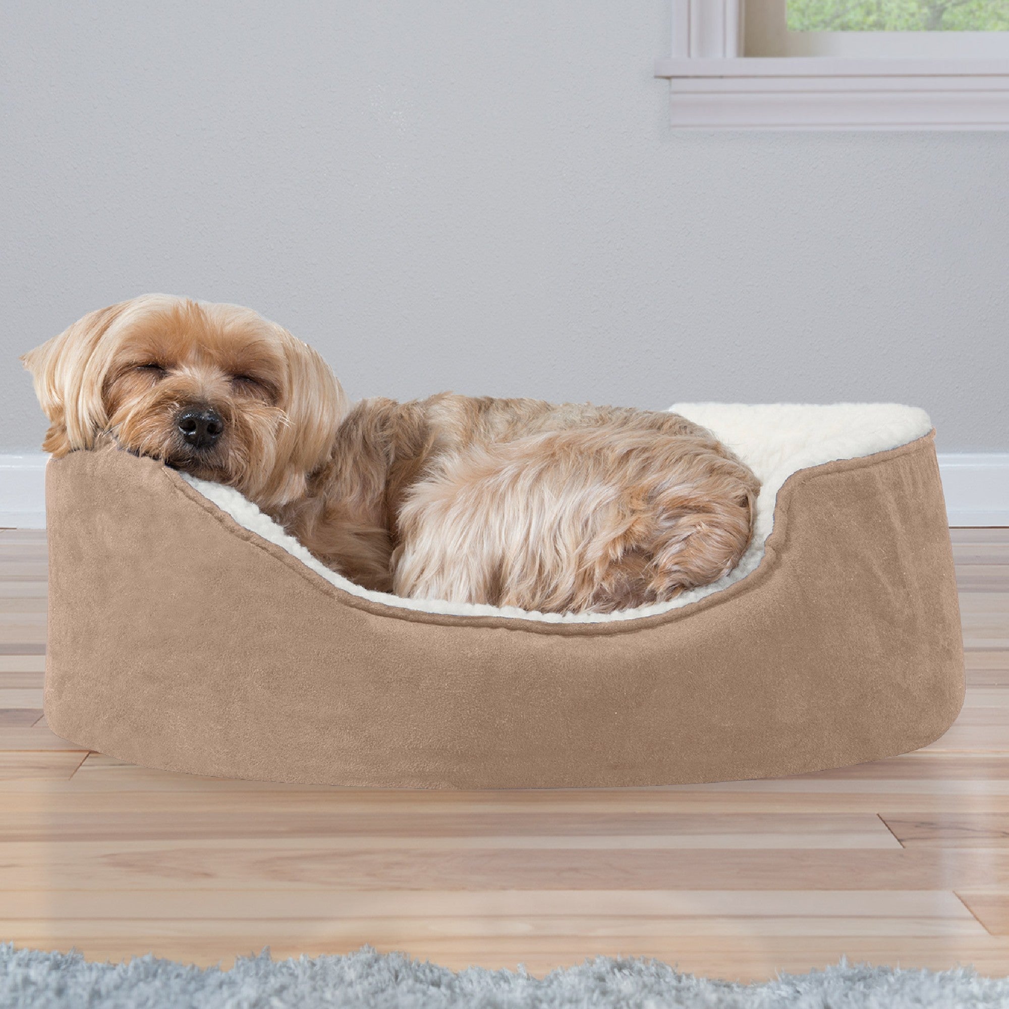 FurHaven | Orthopedic Faux Sheepskin and Suede Oval Pet Bed for Dogs and Catss， Clay， Small