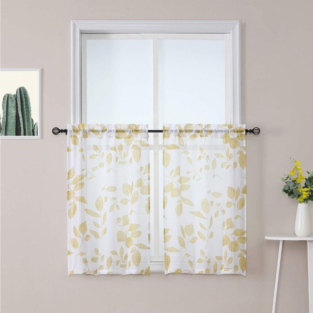 Trinity Leaf Printed Pattern Linen Textured Sheer Kitchen Curtains