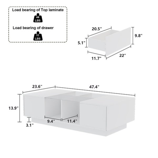 High Gloss LED Coffee Table Sofa Table End Table Sofa Table Glass Top - 47.4