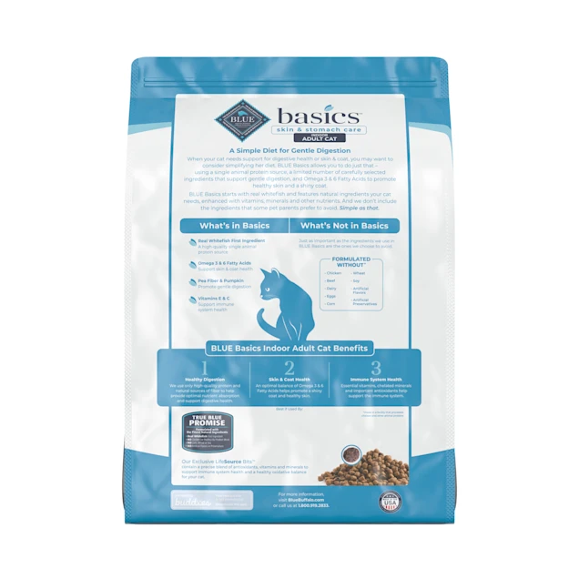 Blue Buffalo Blue Basics Skin and Stomach Care Natural Adult Grain Free Indoor Fish and Potato Adult Dry Cat Food， 11 lbs.