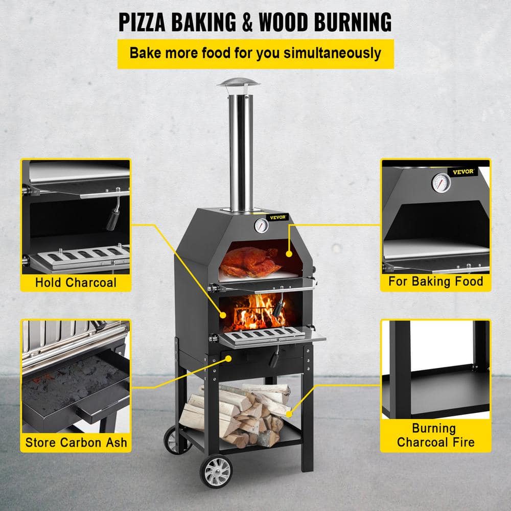 VEVOR Pizza Oven 12 in. Removable Wheels 2-Layer Charcoal Burning Outdoor Pizza Oven with Pizza Stone for Barbecue in Black LDSPSLLZXBDDWRLHEV0