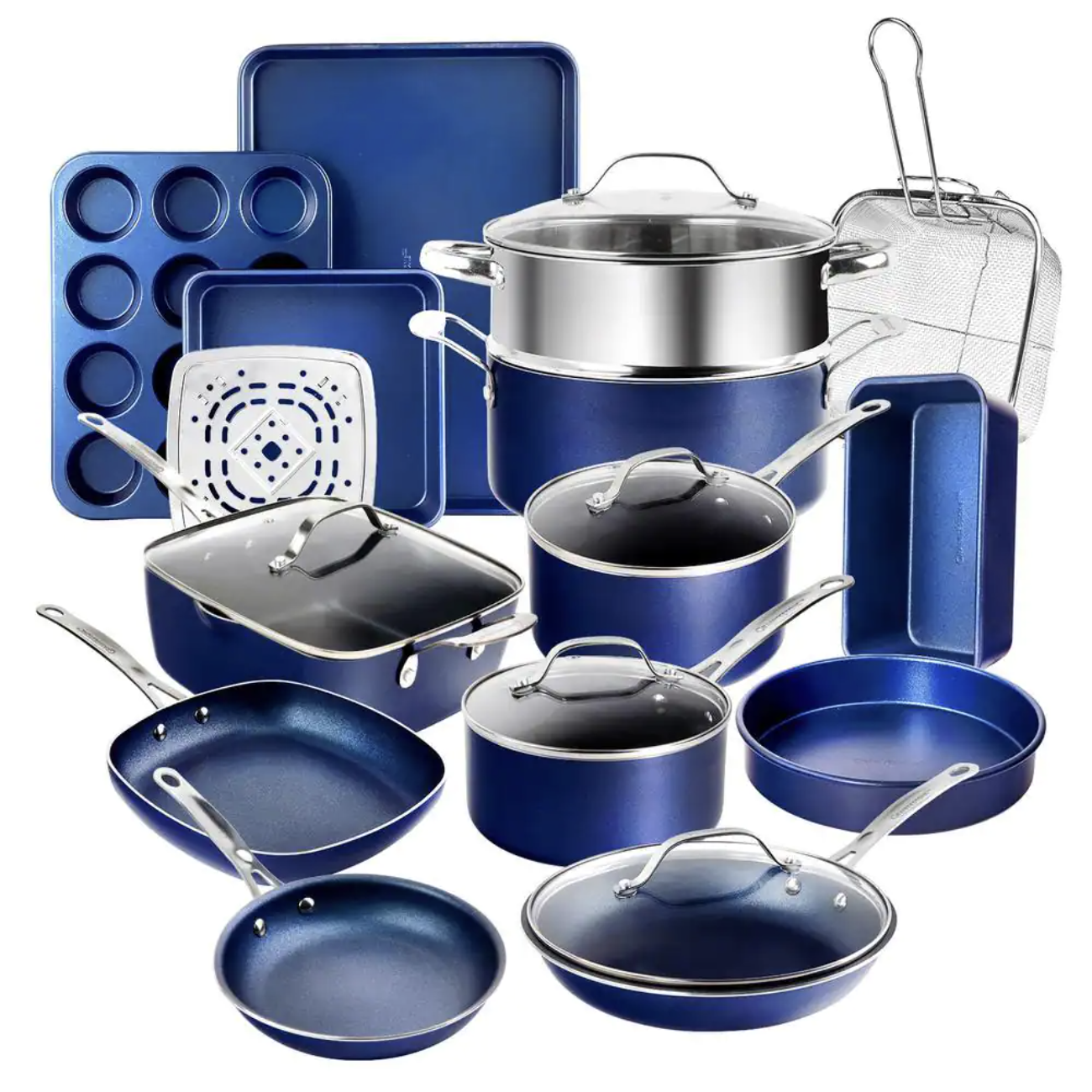 Granitestone Classic Blue 20-Piece Aluminum Ultra-Durable Non-Stick Diamond Infused Cookware and Bakeware Set💝 Last Day For Clearance