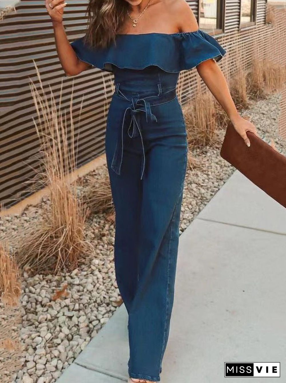 Women'S Jumpsuits One-Shoulder Ruffled Belted Jumpsuit