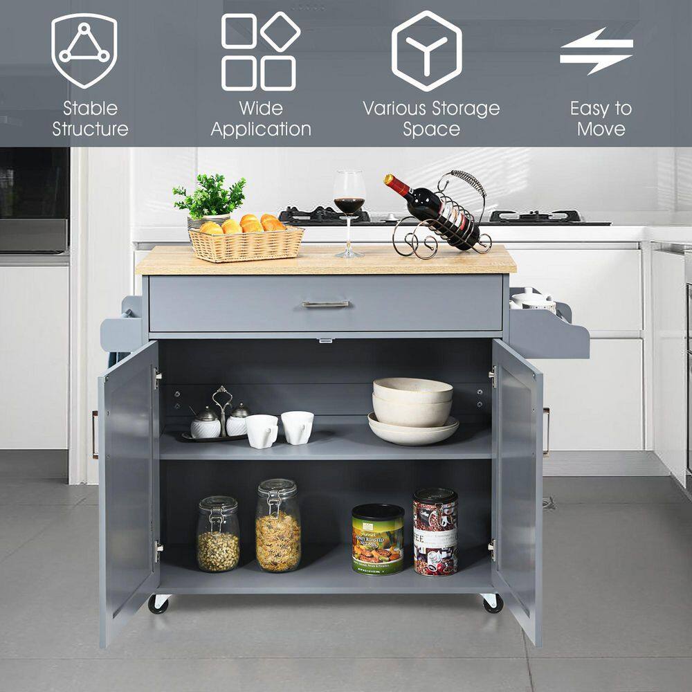 Costway Rolling Kitchen Gray Island Cart Storage Cabinet with Towel and Spice Rack KC51983GR