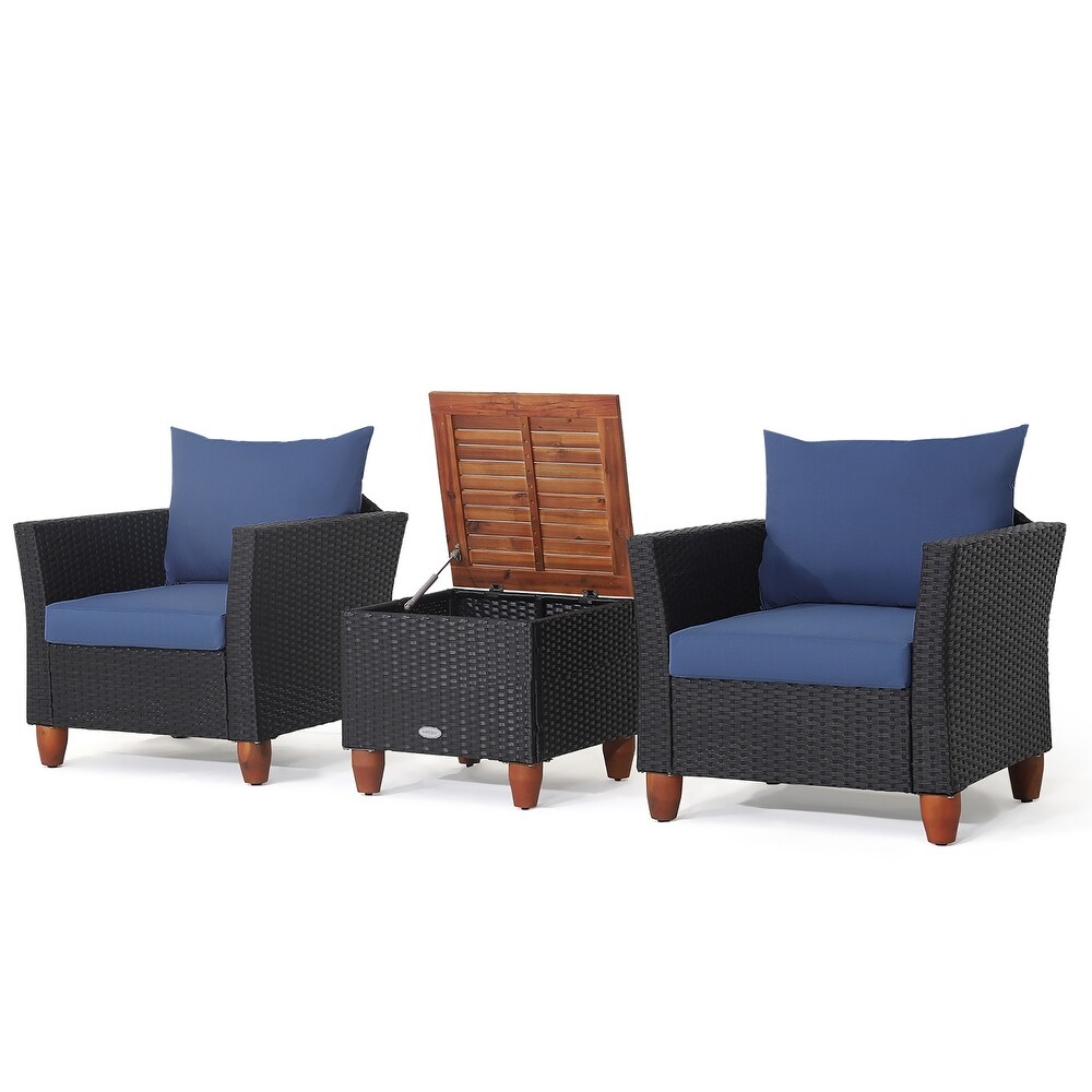 3PCS Patio Rattan Furniture Set Cushioned Sofa with Storage Table