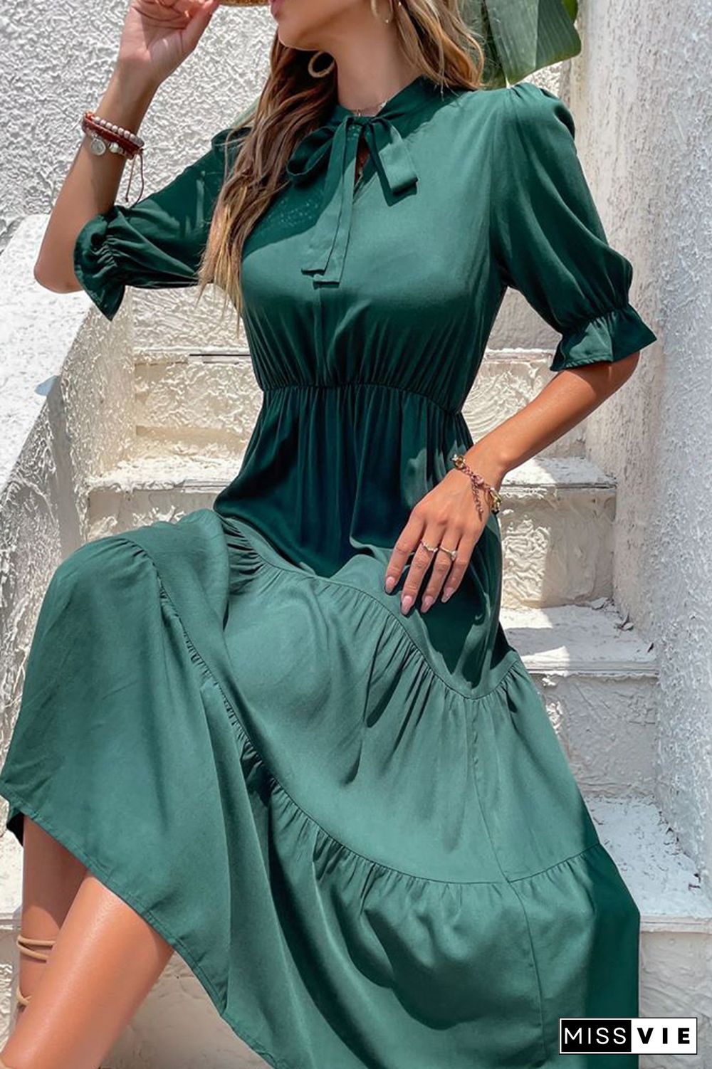 Dark Green Half Sleeve Midi Dress Wholesale