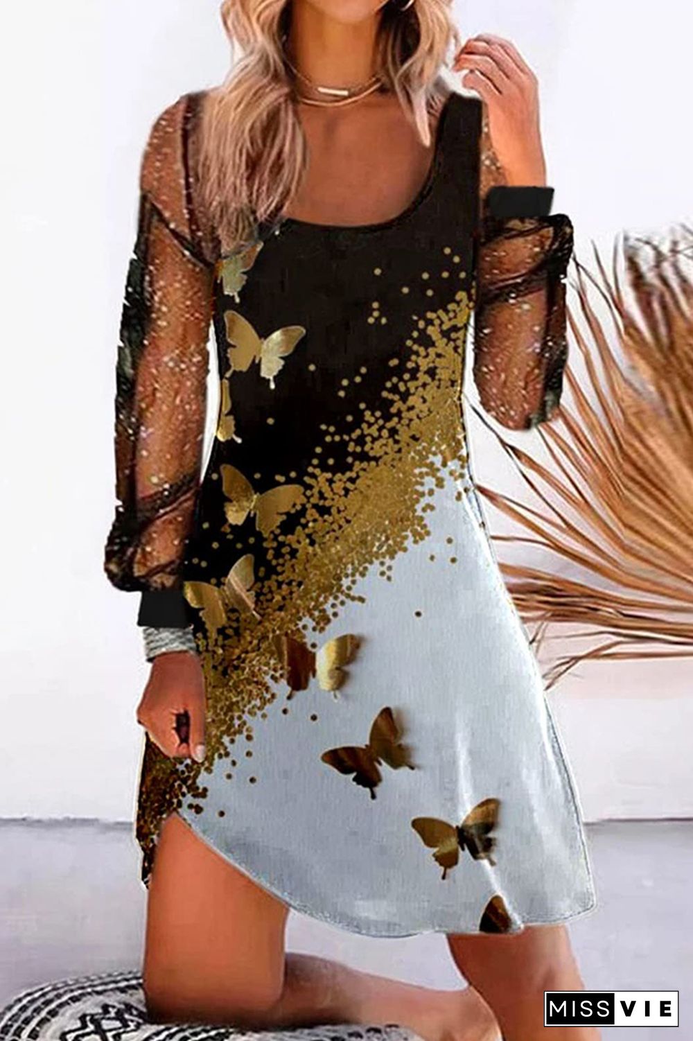 Printed Puffy Sleeves Bling Sheer Sleeves Dress