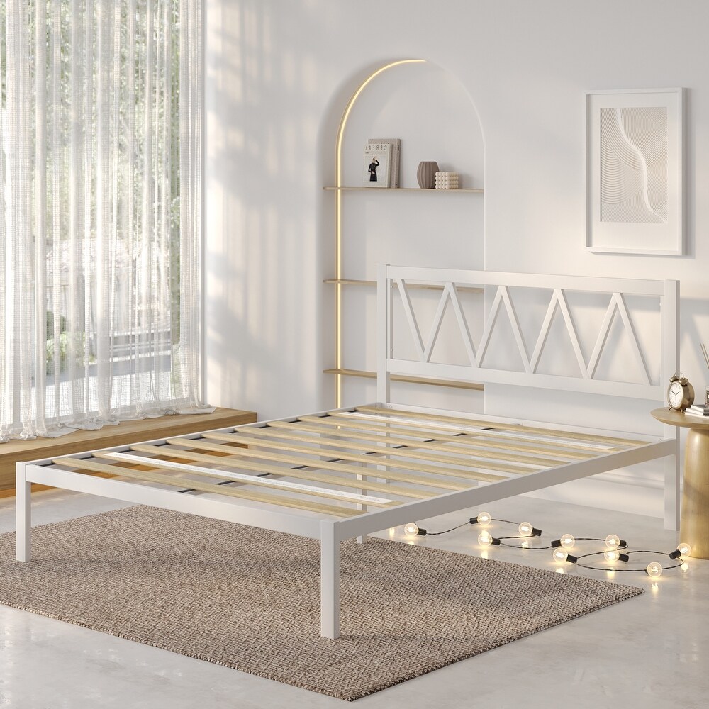 Novilla Metal Bed Frame with Headboard  Wood Slat Support White