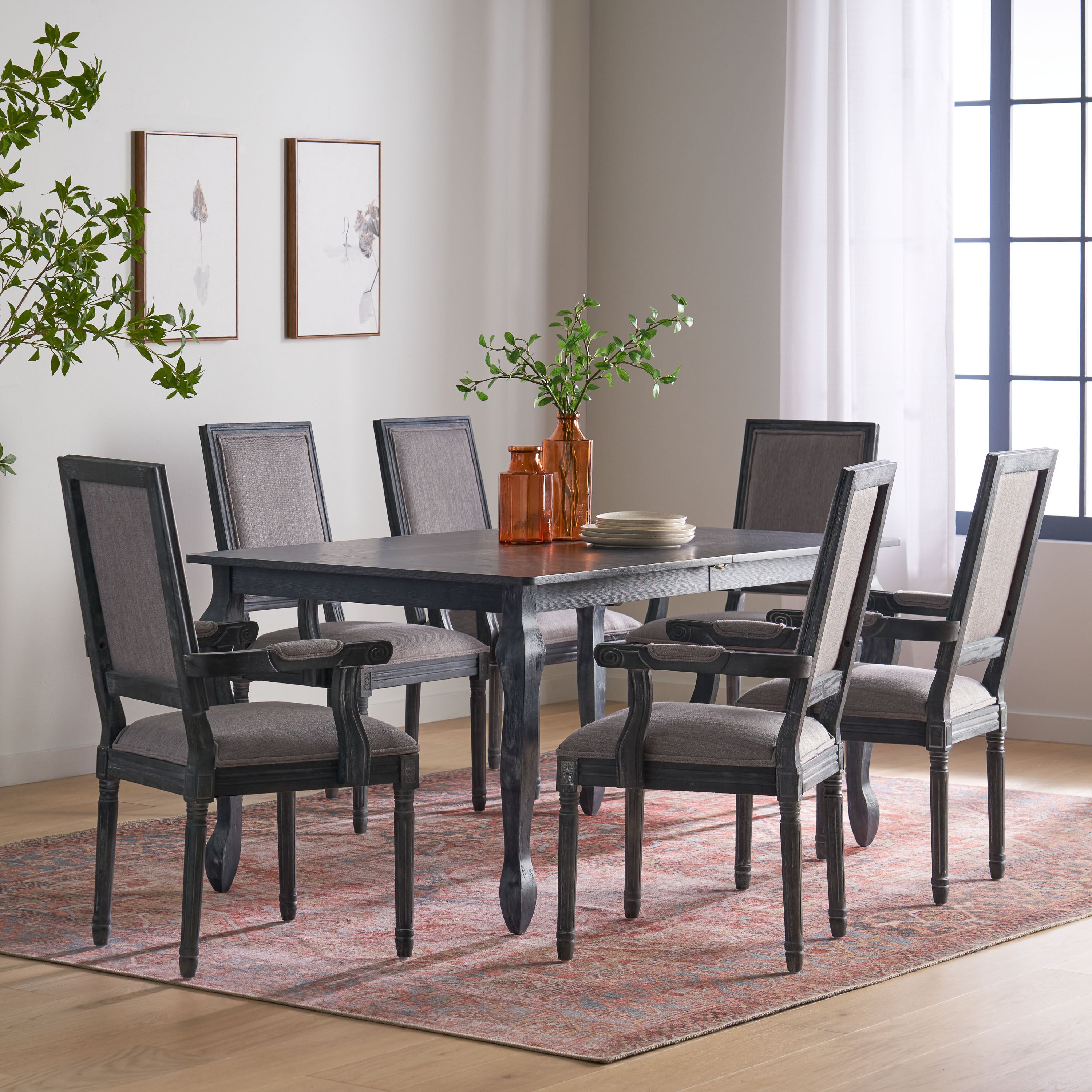 Regan French Country Fabric Upholstered Wood Expandable 7 Piece Dining Set