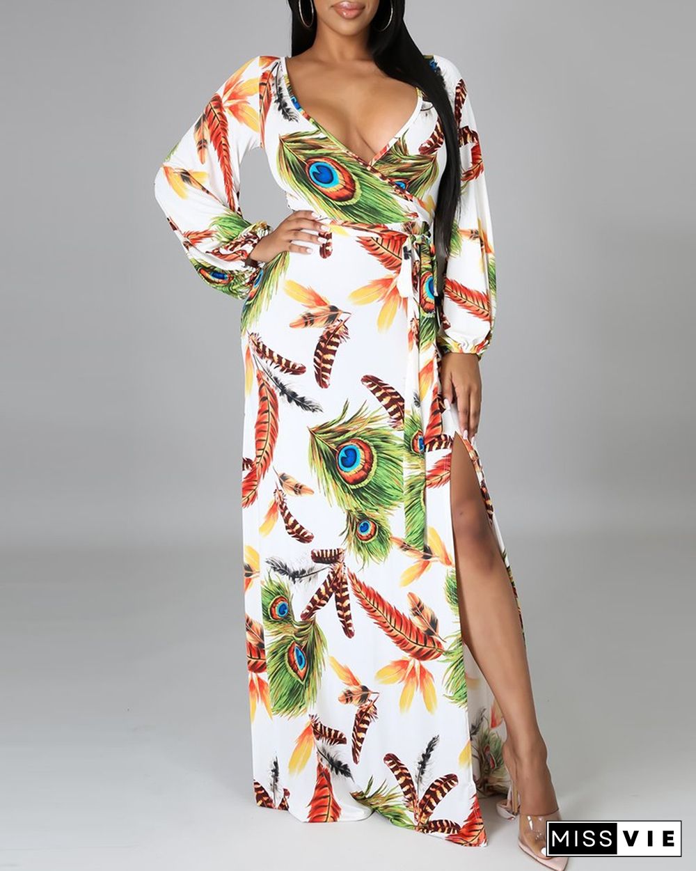 Tropical Print Long Sleeve High Slit Maxi Dress