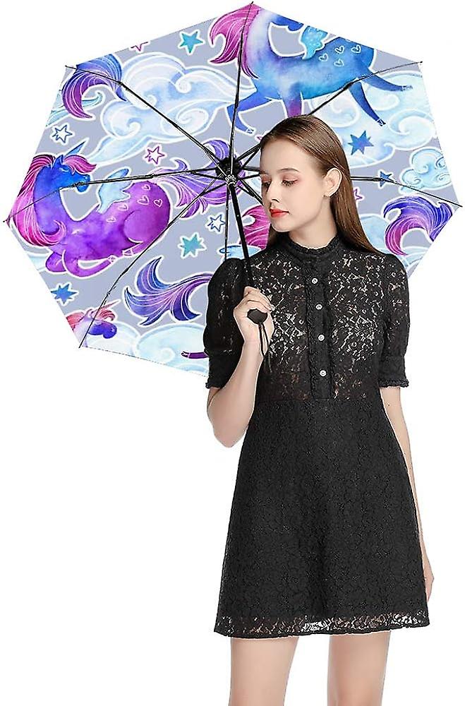 Colourlife Travel Umbrella Unicorn Galaxy Pattern Automatic Windproof Foldable Umbrella For Sun and Rain