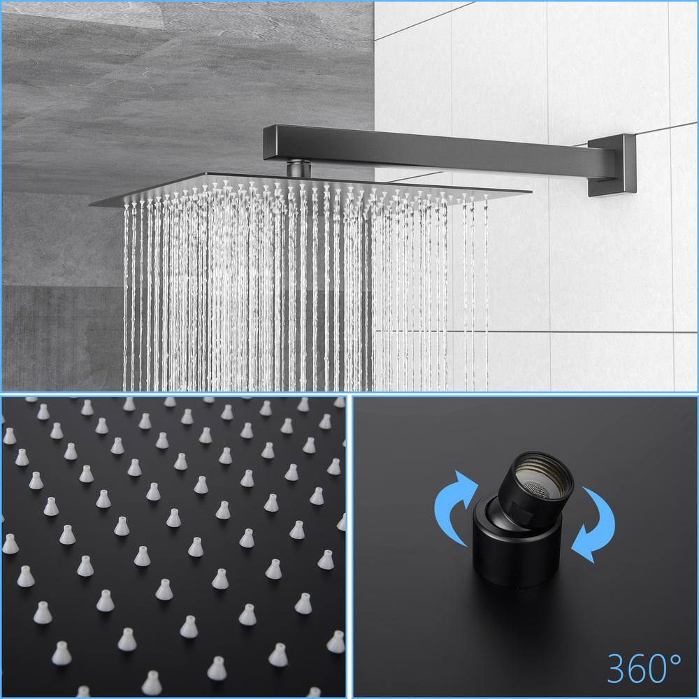 Flynama 2-Spray Wall Mount 12 in.Rain Shower Head Systems with 26.18 in Adjustable Angle Slide Bar in Matte Black J-X-W124381871