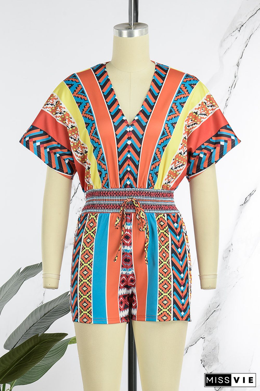 Colour Casual Print Patchwork V Neck Straight Rompers