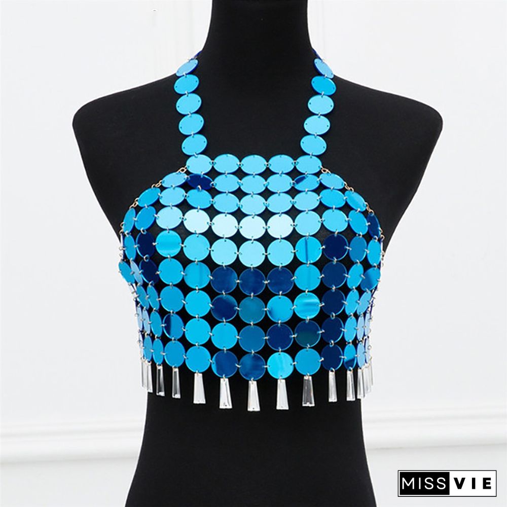 Halter Sleeveless Sequins Backless Top Camis Solid Geometric Circle Patchwork Fringe Hollow Out Cropped Party Camisole