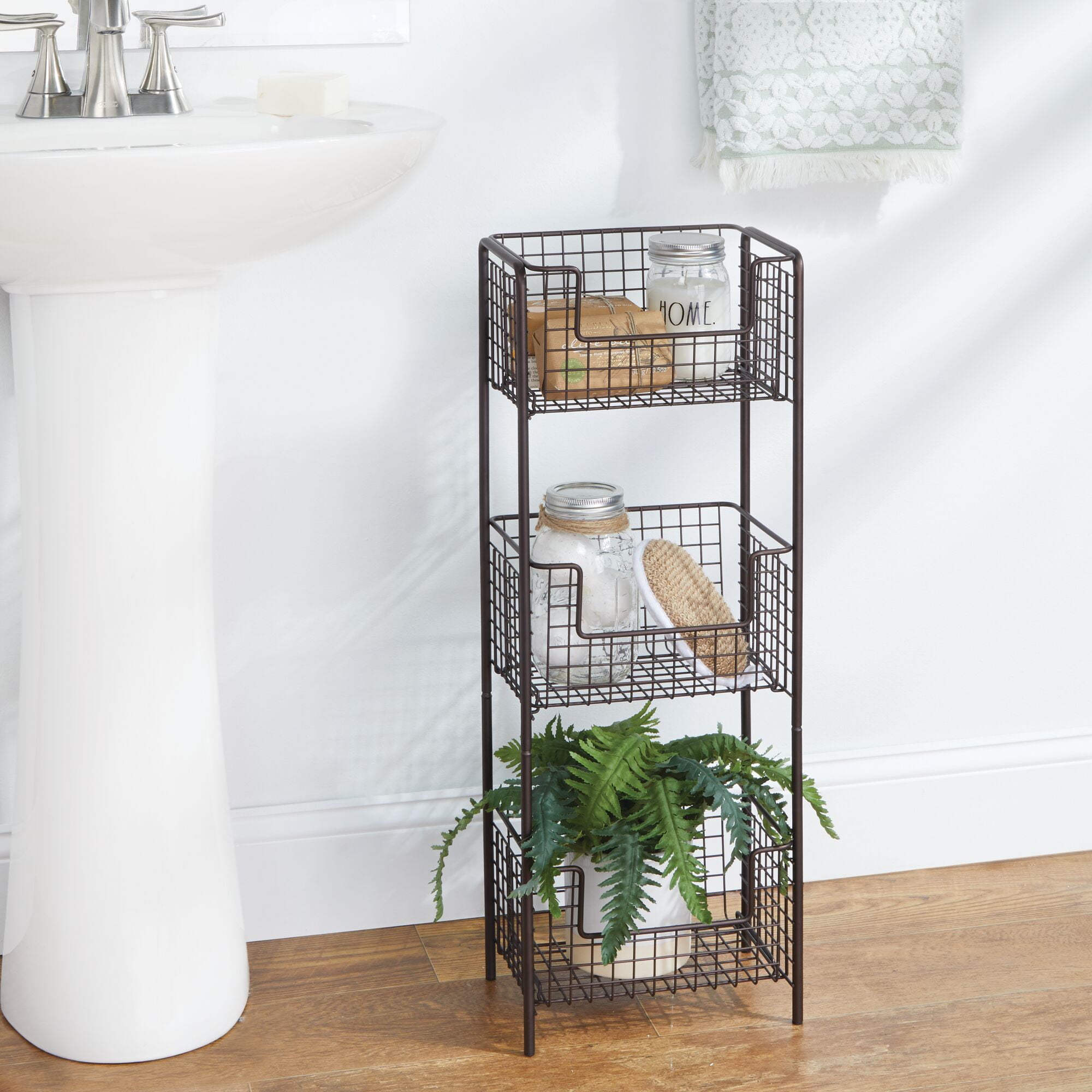 mDesign Steel Freestanding Storage Organizer Tower Rack Basket Shelf， Metal 3-Tier Furniture Unit for Master/Guest Bathroom， Powder Room - Holds Bath Towels， Soap - Concerto Collection - Bronze