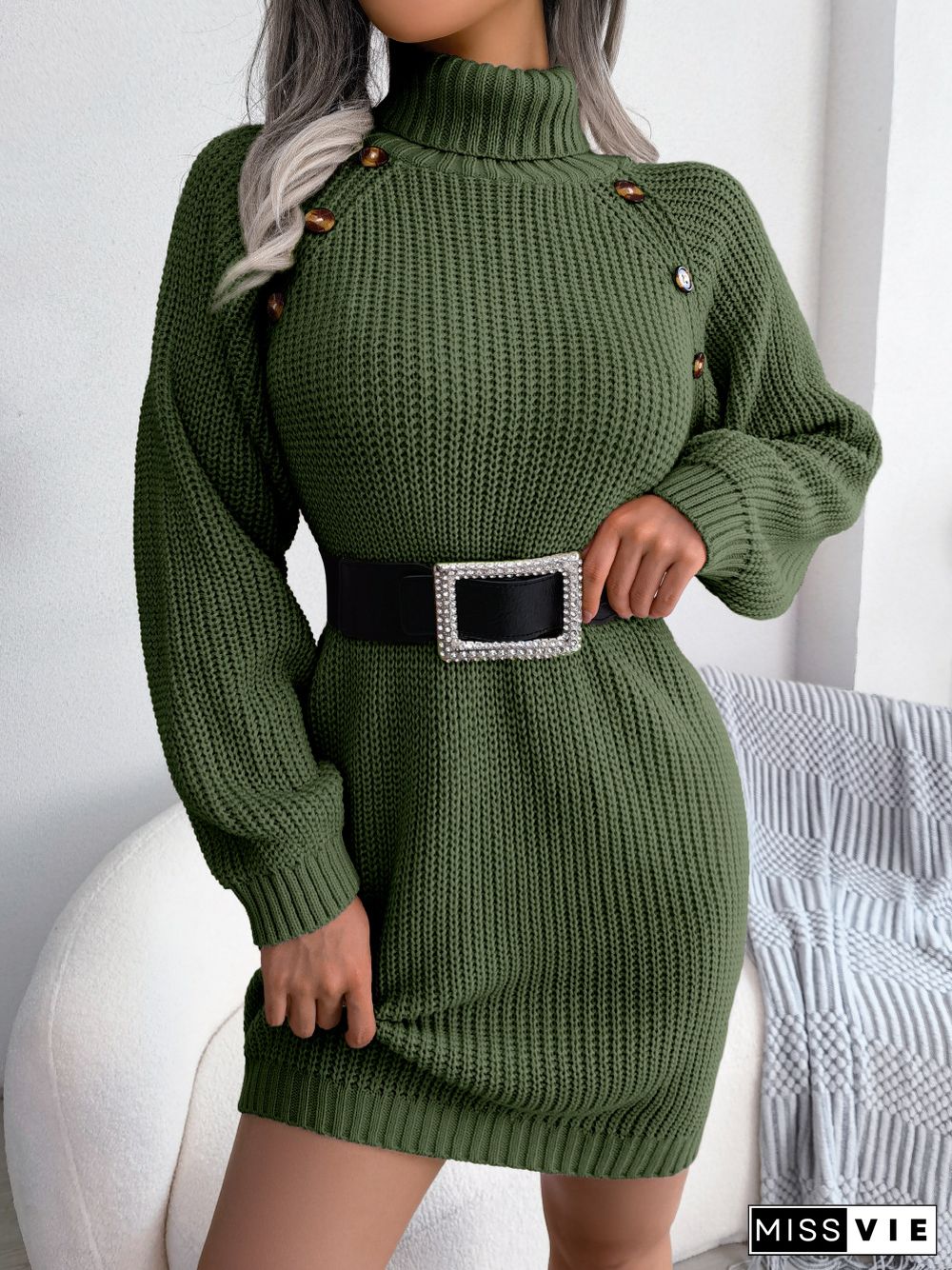 Casual Button Turtleneck Long Sleeve Bottom Sweater Dress