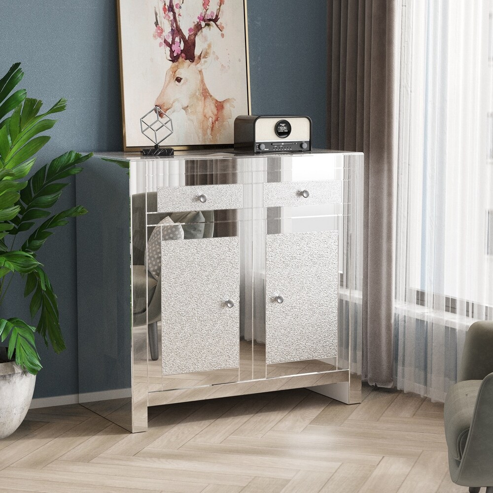 Mirrored Accent Cabinet  Silver TV Console Cabinet Modern Glass Sideboard with 2 Drawers   2 Cabinets