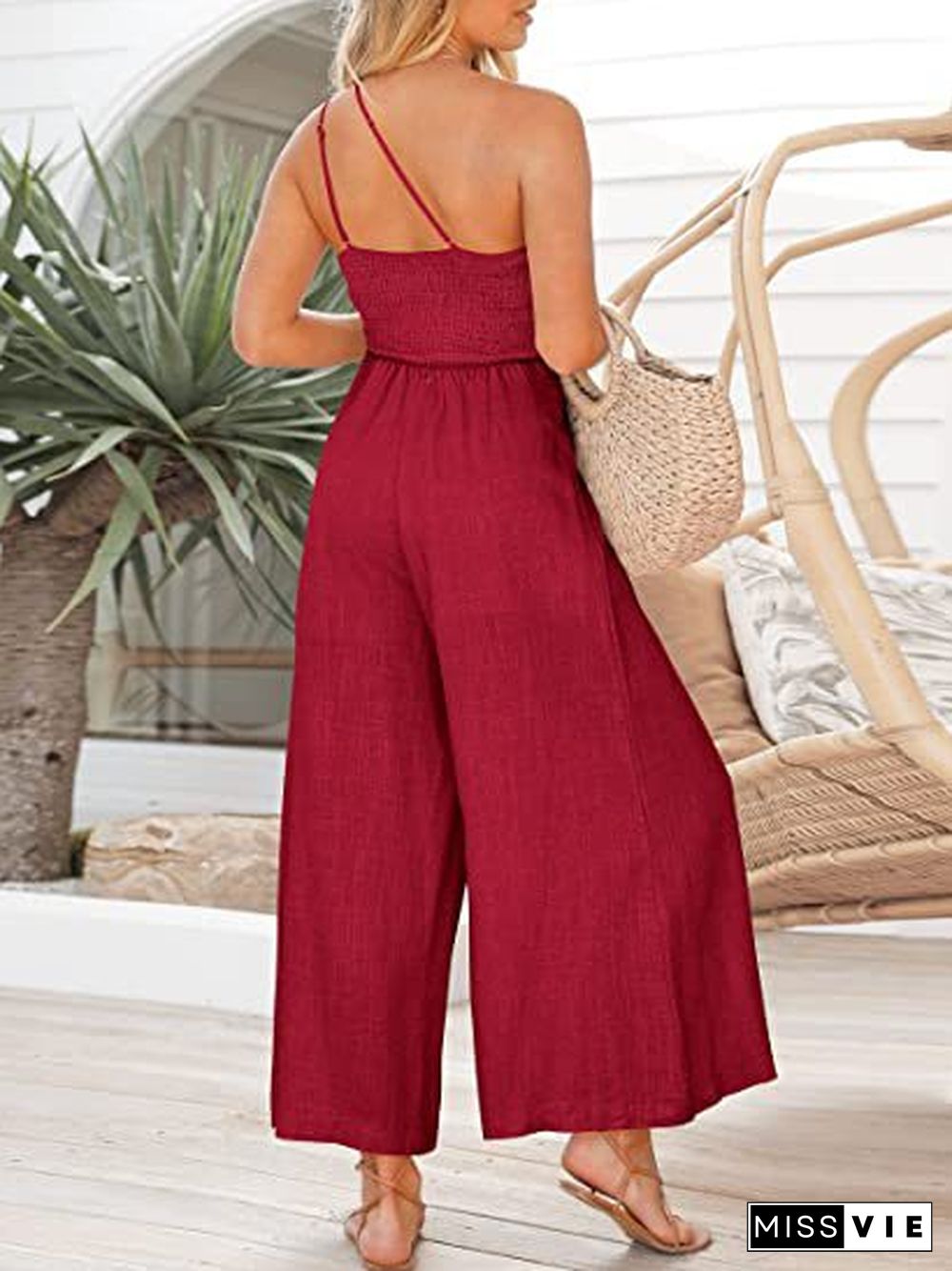 One Shoulder Wide Leg Solid Color Jumpsuit