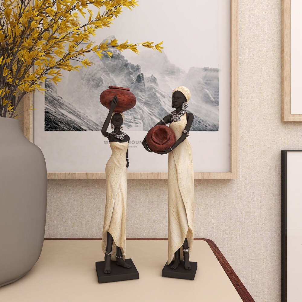 Cream Polystone Standing African Woman Sculpture with Red Water Pots and Black Base (Set of 2)   2 ASST 16\