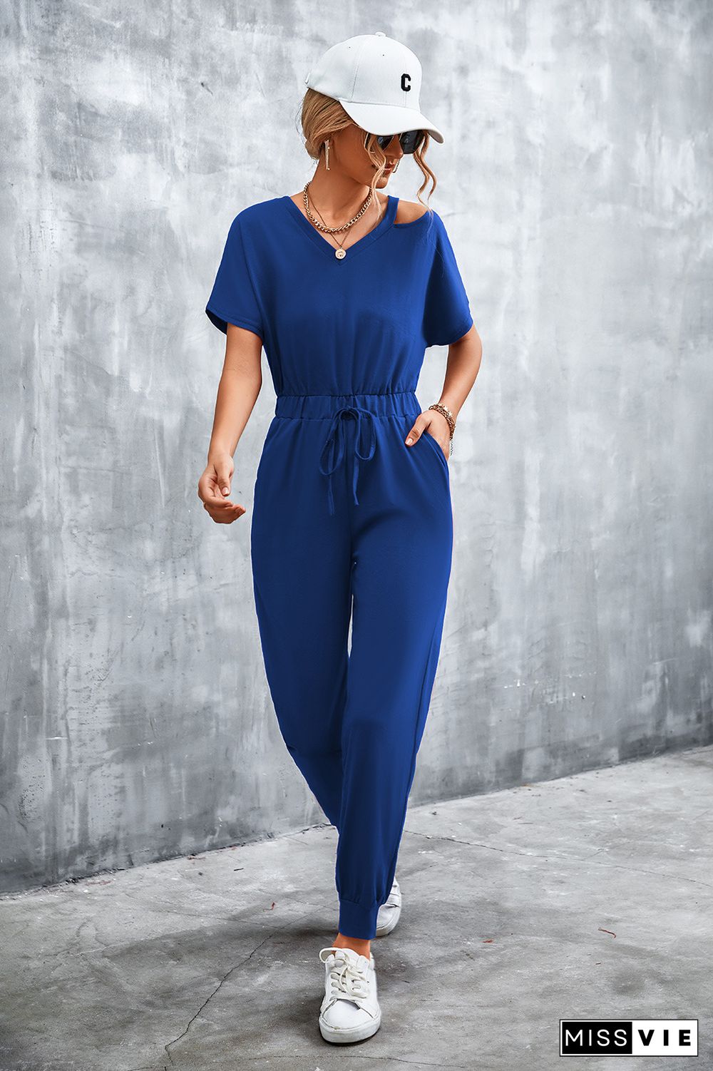 Cut Shoulder Drawstring Waist Sleeveless Jumpsuit