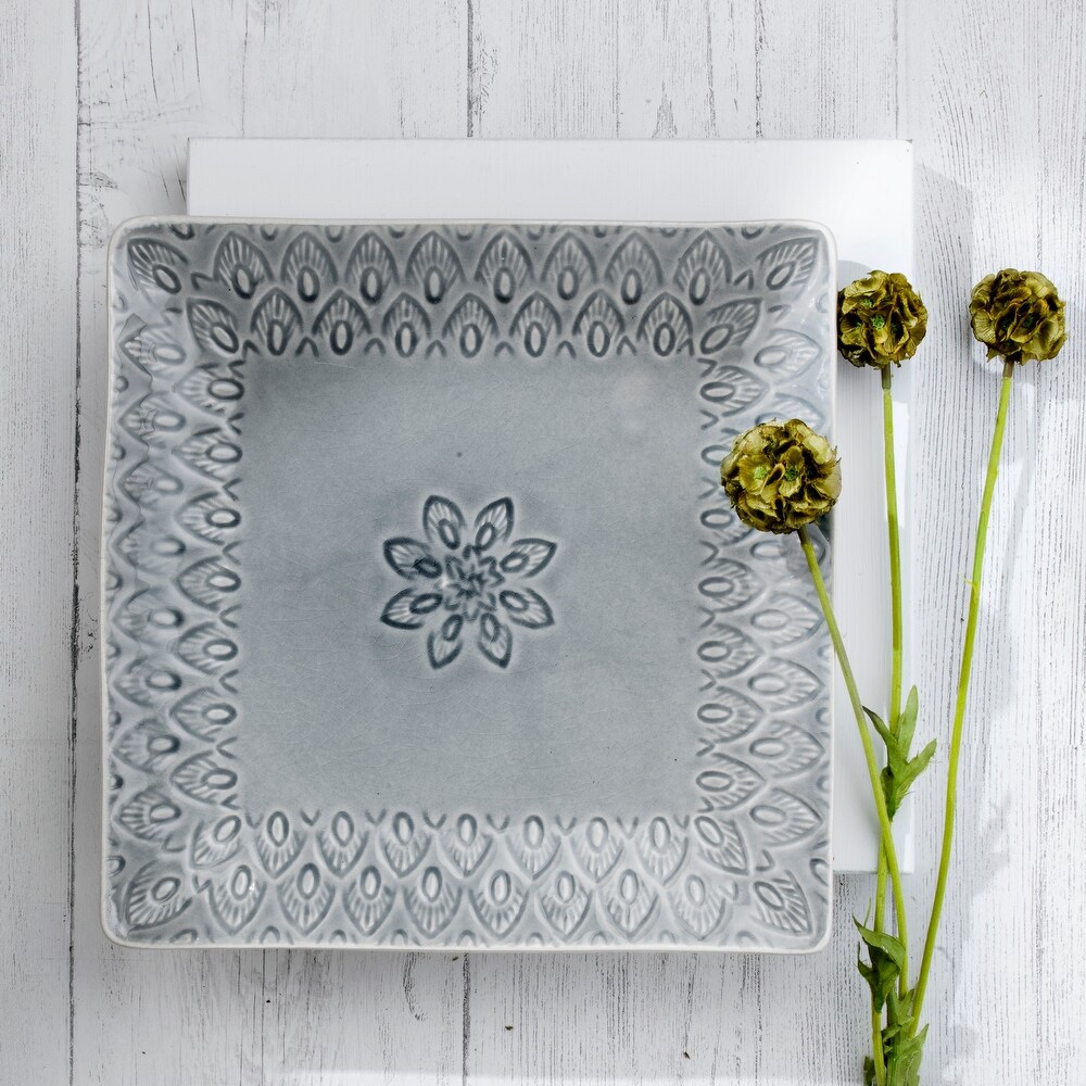 Euro Ceramica Peacock 11.5 Inch Stoneware Square Serving Platter in Grey   11.4 x 11.4 x 1.1