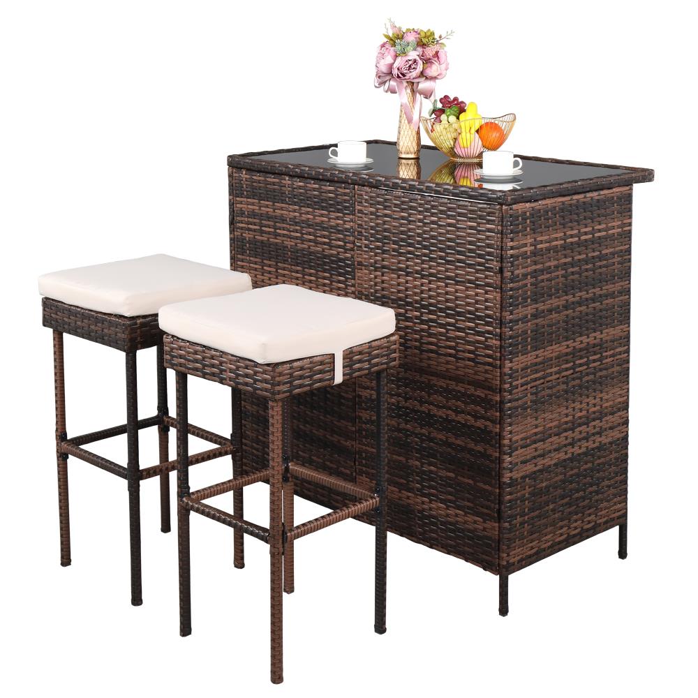 Winado 3PCS Outdoor Brown Wicker Bar Set with Stools and Glass Top Table