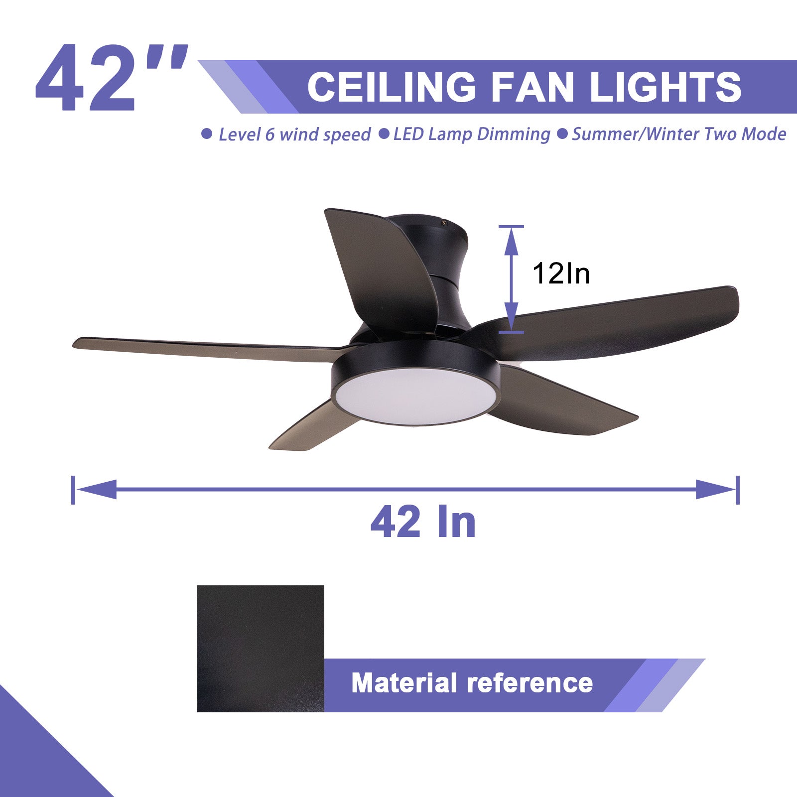 42'' Ceiling Fan with Lights and Remote，5 Blades Matte Black Ceiling Fan， Reverse Airflow