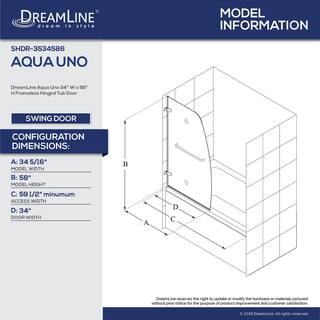 DreamLine Aqua Uno 34 516 in. x 58 in. Frameless Hinged Tub Door in Chrome SHDR-3534586-01